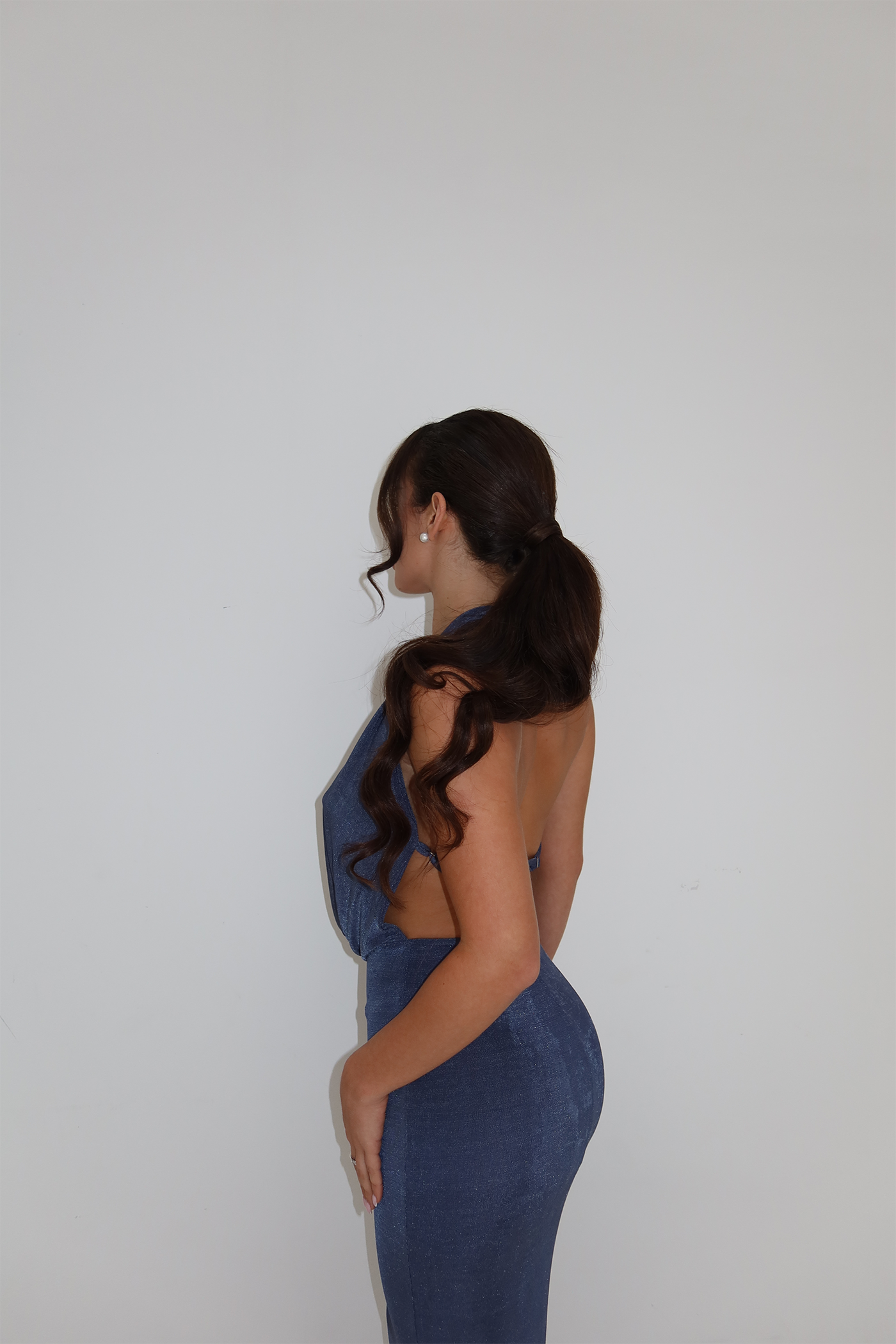 Slate Blue Plunging Cowl Halter Maxi Dress