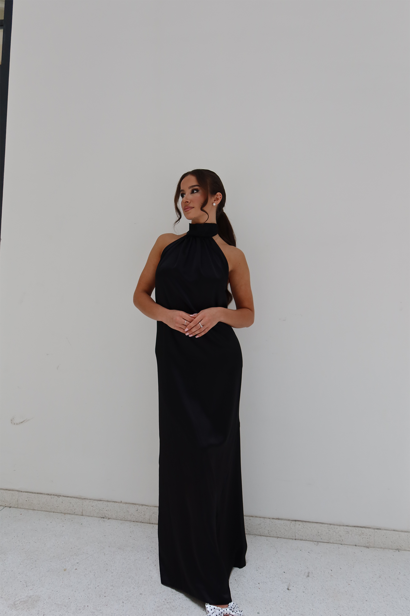 Black Satin High-Neck Bow Back Maxi Dress