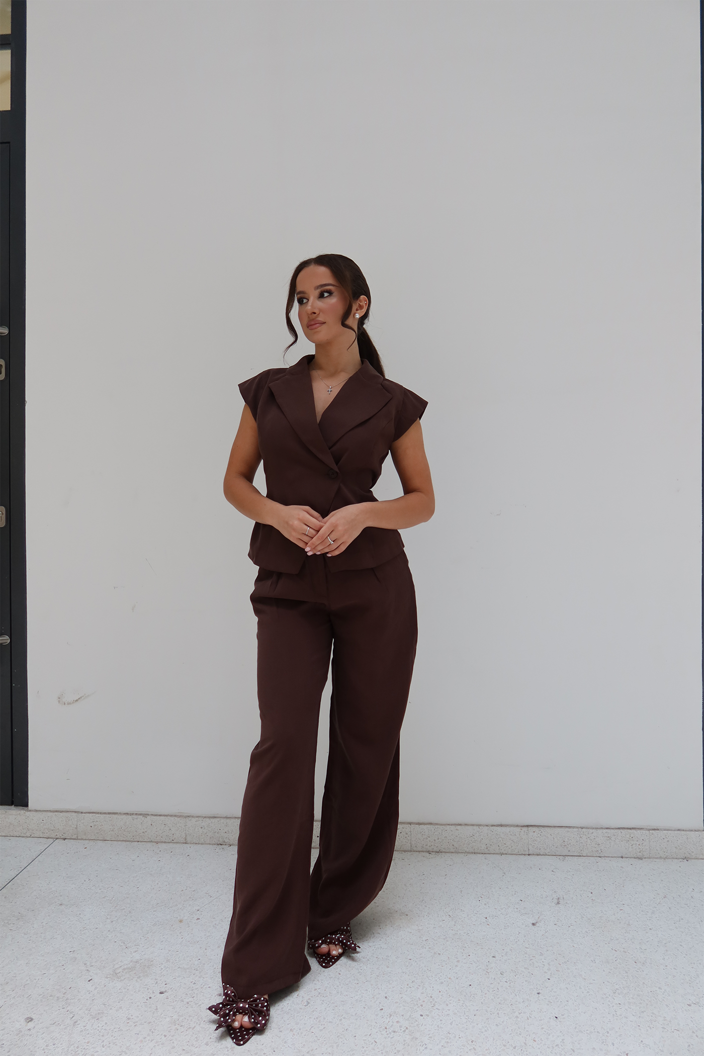 Chocolate Brown Cap-Sleeve Blazer & Trouser Set