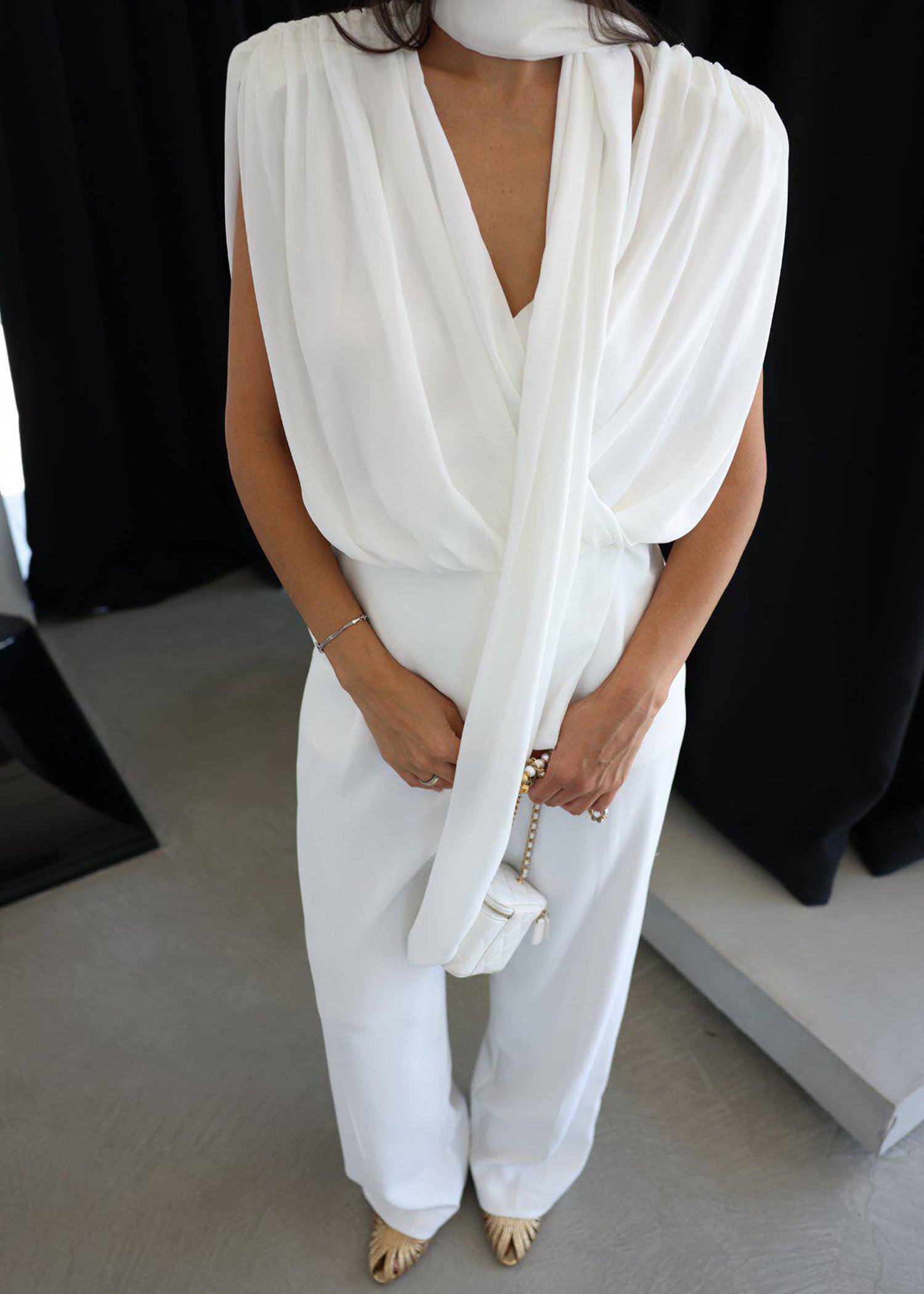 Monochromatic White Draped Scarf Top & Trouser Set
