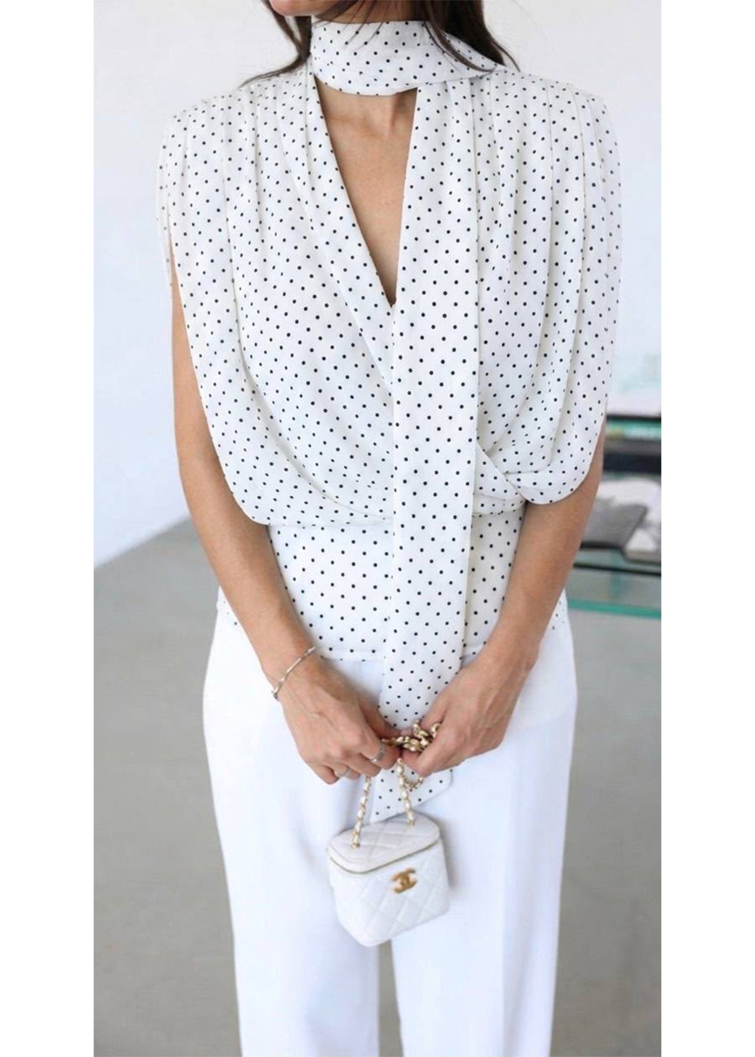 Monochromatic White Draped Scarf Top & Trouser Set