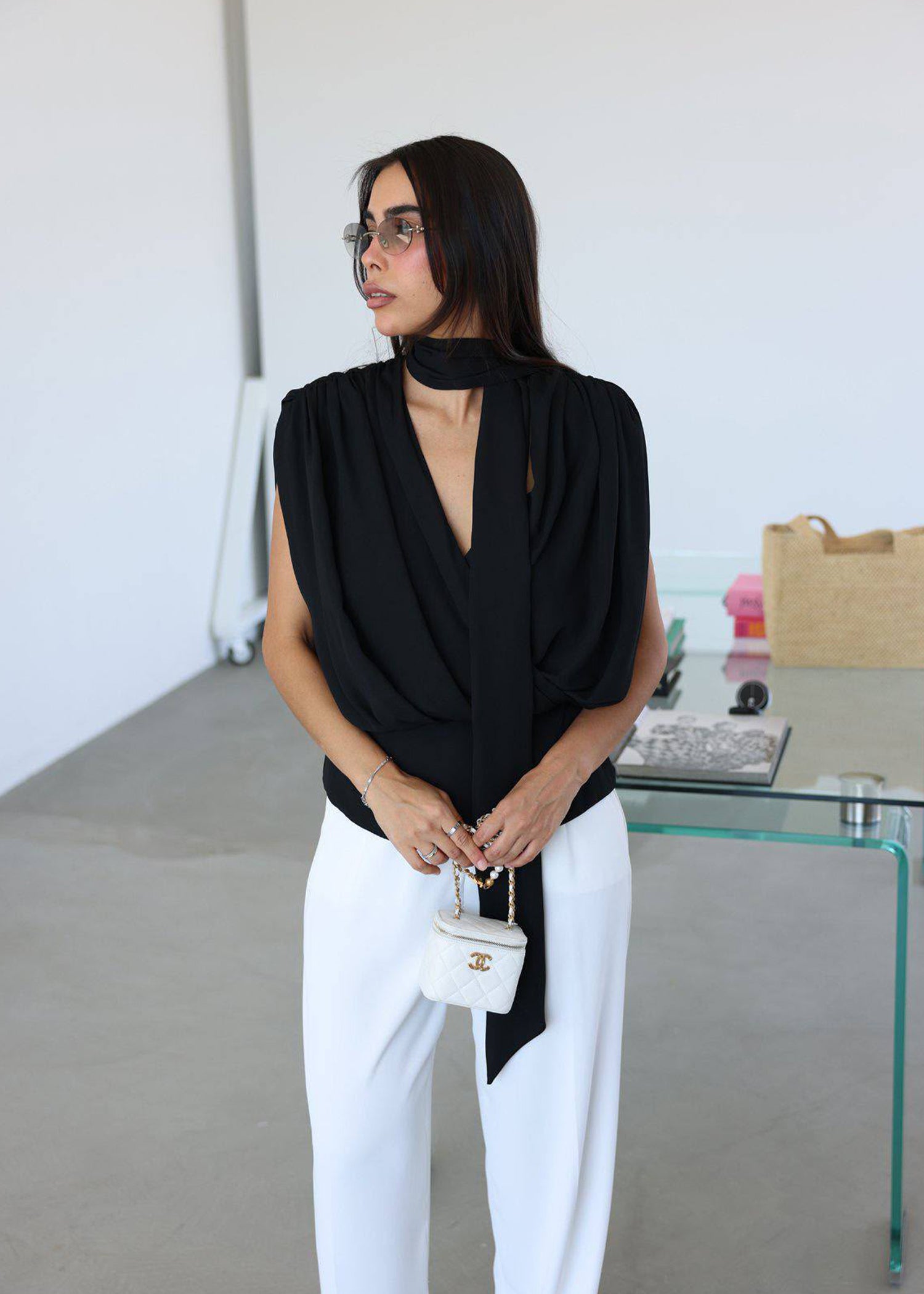 Monochromatic Black Draped Scarf Top & Trouser Set