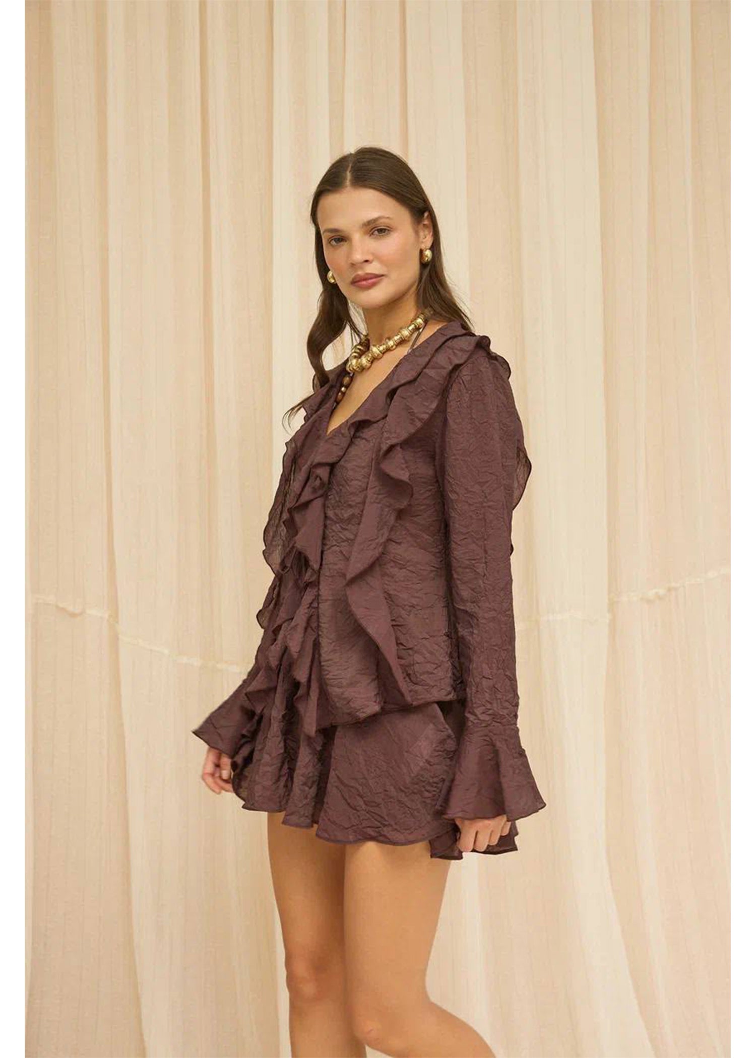 Plum Ruffled Crinkle Mini Dress
