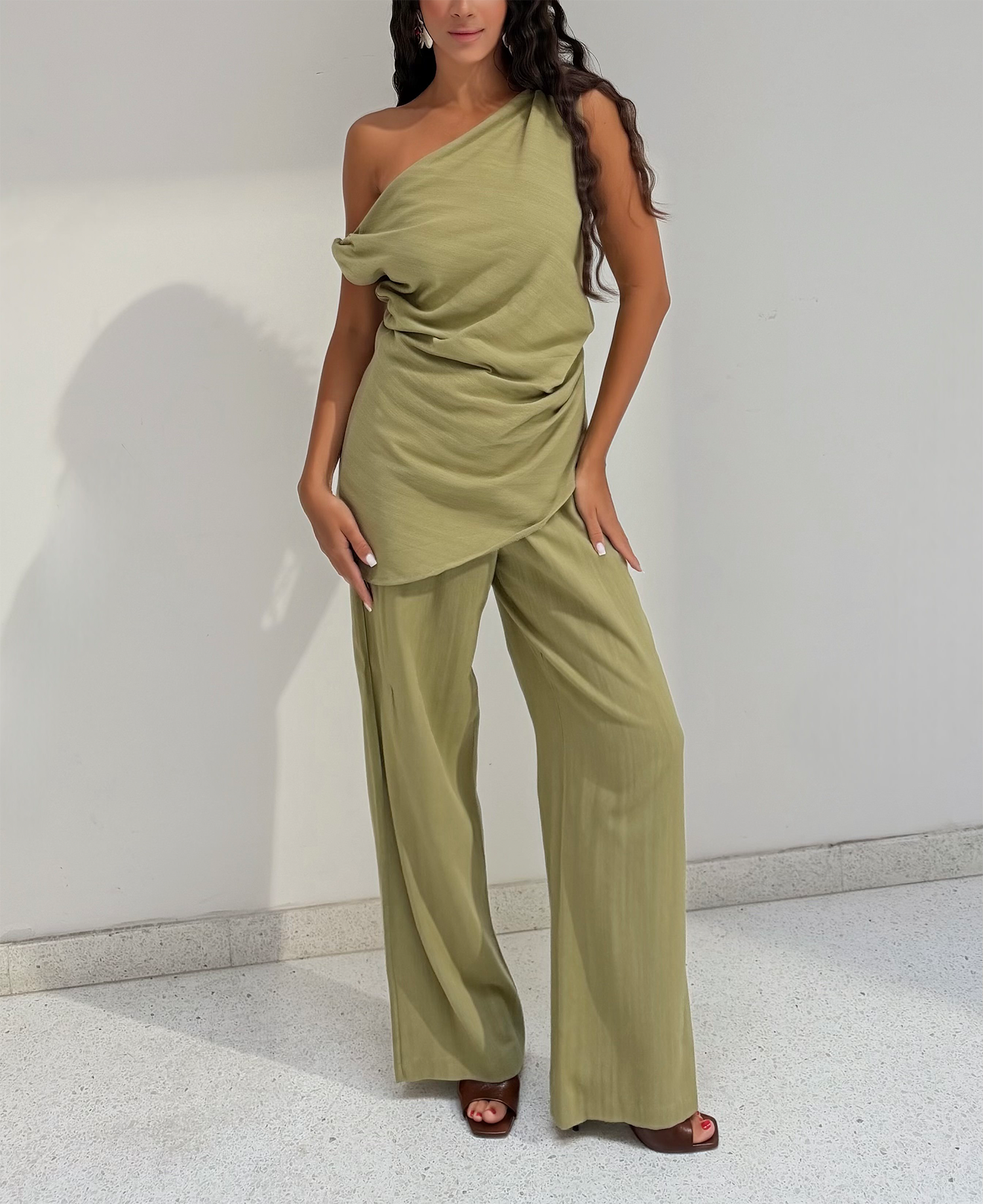 Olive Green One-Shoulder Draped Tunic Set