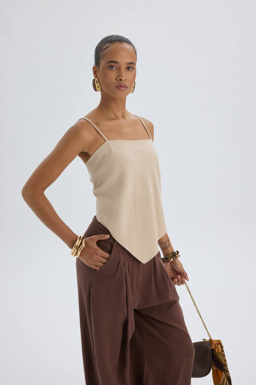 Beige Asymmetric Scarf Camisole & Chocolate Pleated Trousers