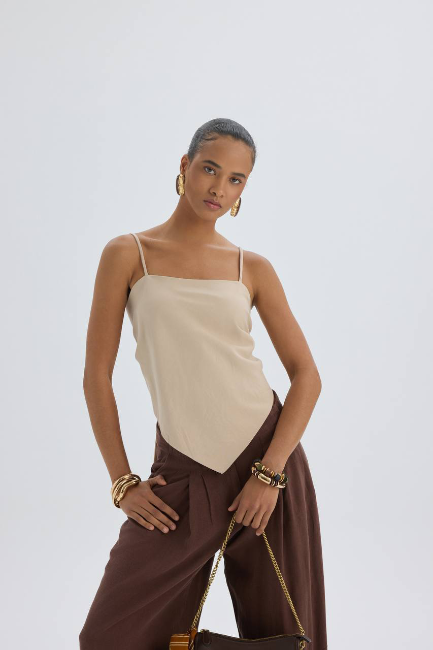 Beige Asymmetric Scarf Camisole & Chocolate Pleated Trousers