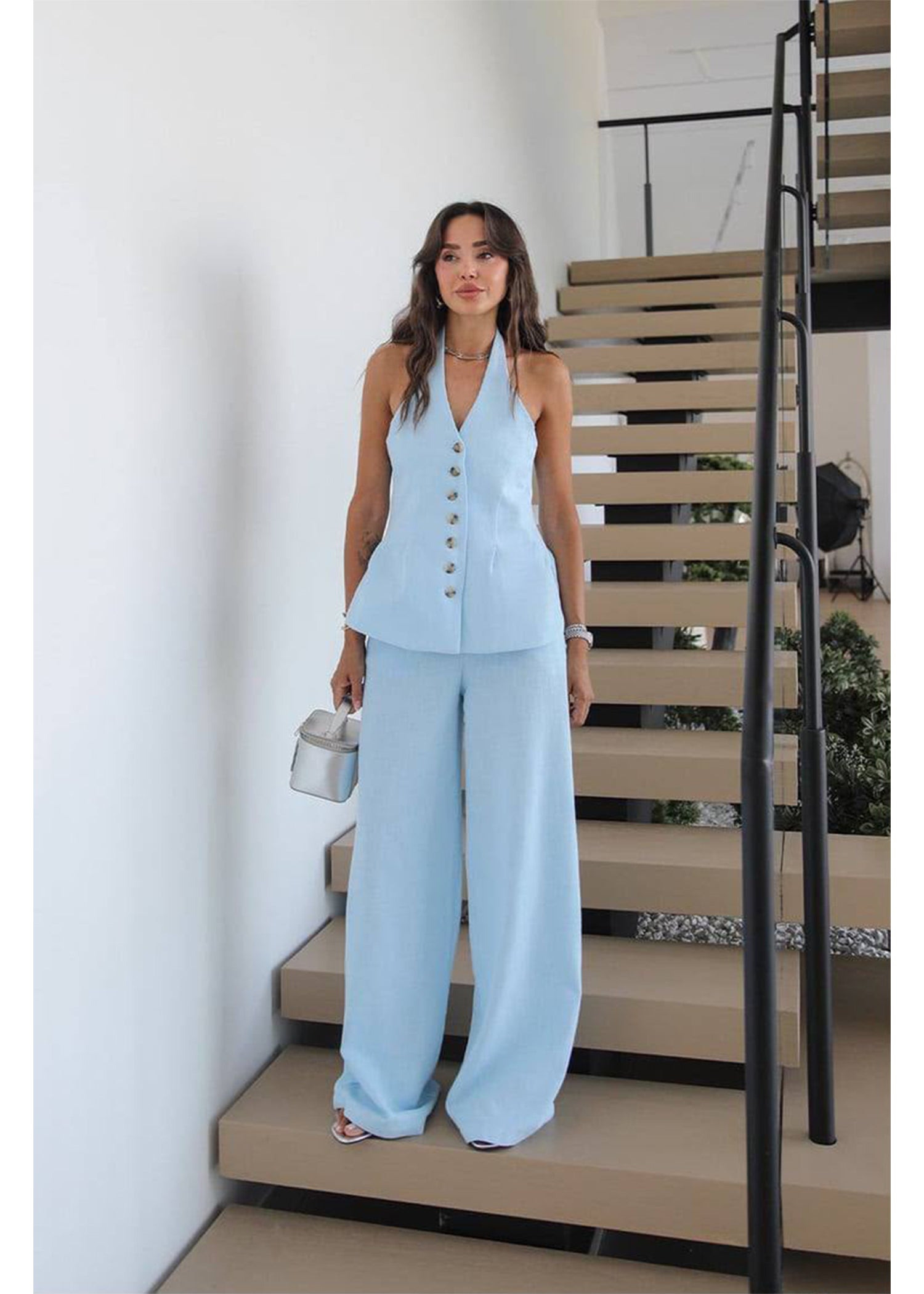 Sky Blue Linen Halter Vest Co-Ord