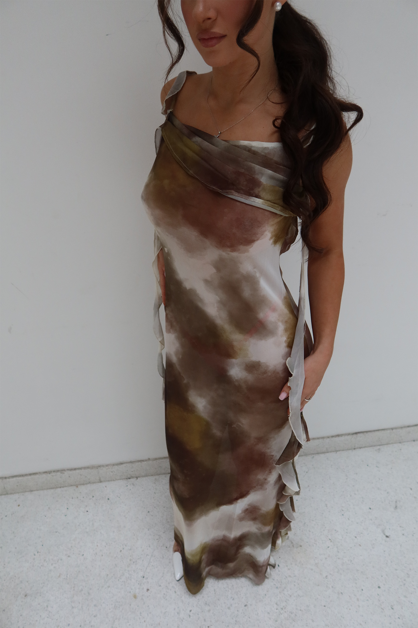 Abstract Watercolor Ruffled Maxi Dress