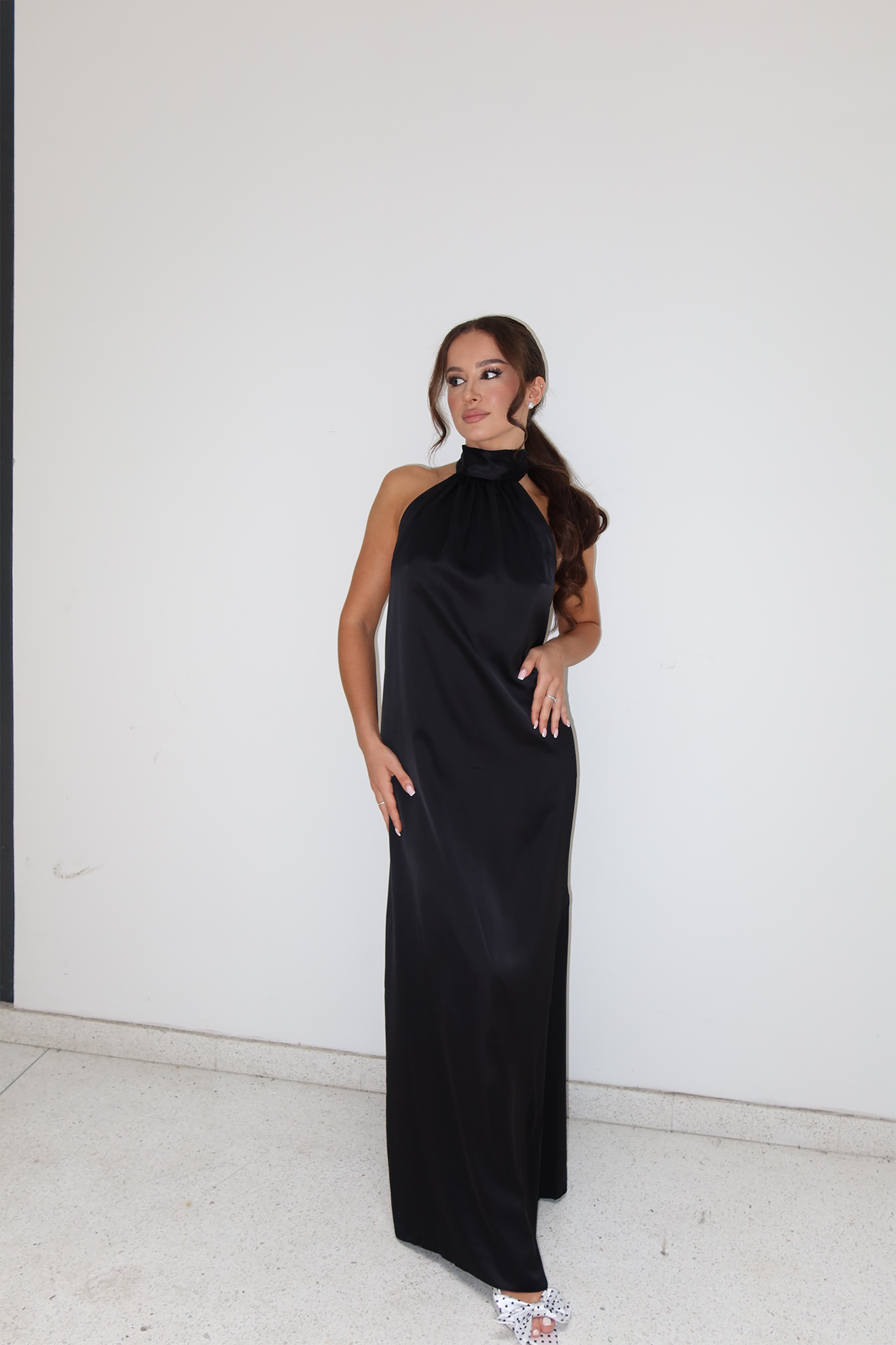 Black Satin High-Neck Bow Back Maxi Dress