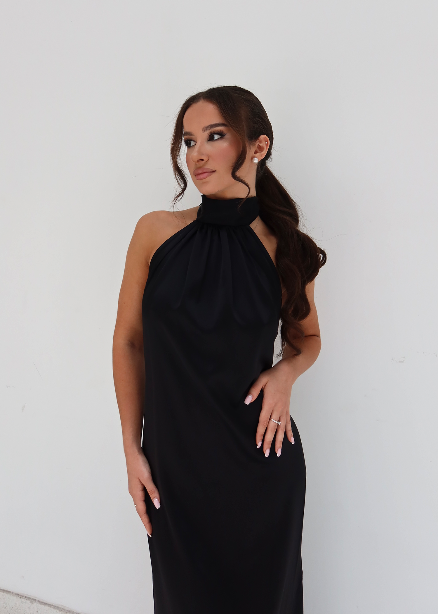 Black Satin High-Neck Bow Back Maxi Dress