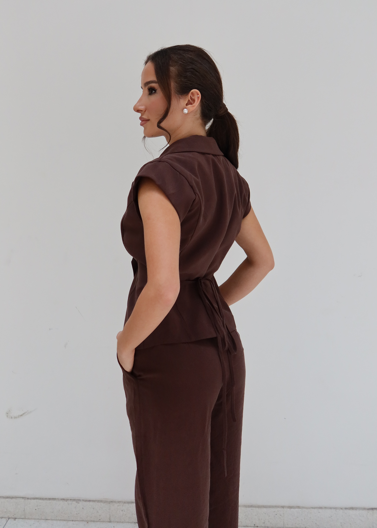 Chocolate Brown Cap-Sleeve Blazer & Trouser Set
