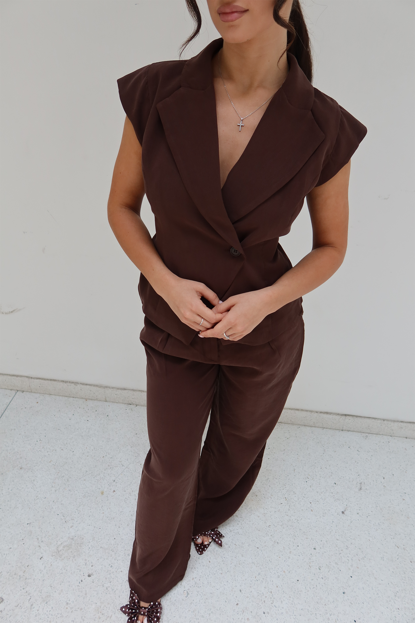 Chocolate Brown Cap-Sleeve Blazer & Trouser Set