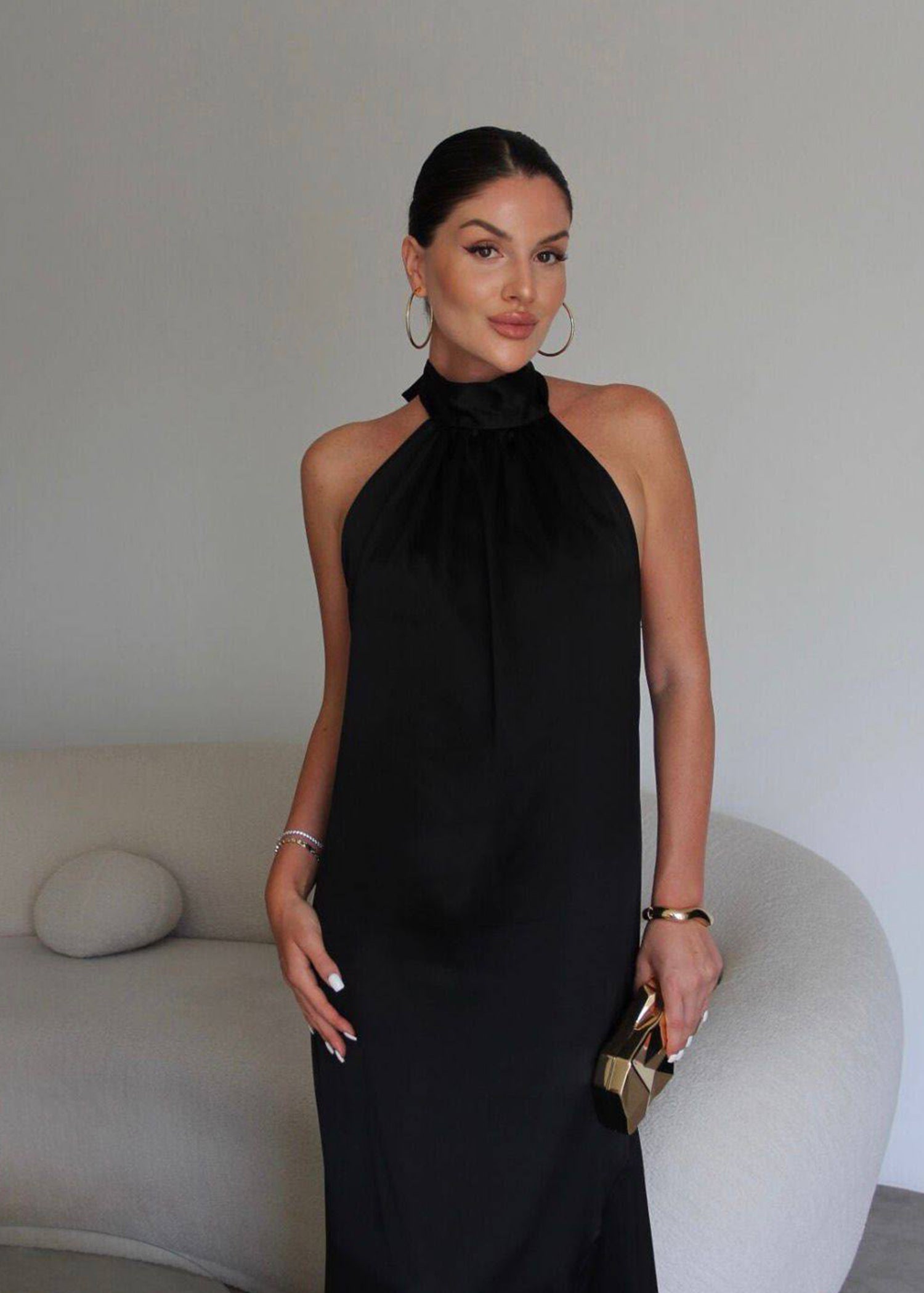 Satin High-Neck Halter Midi Dress