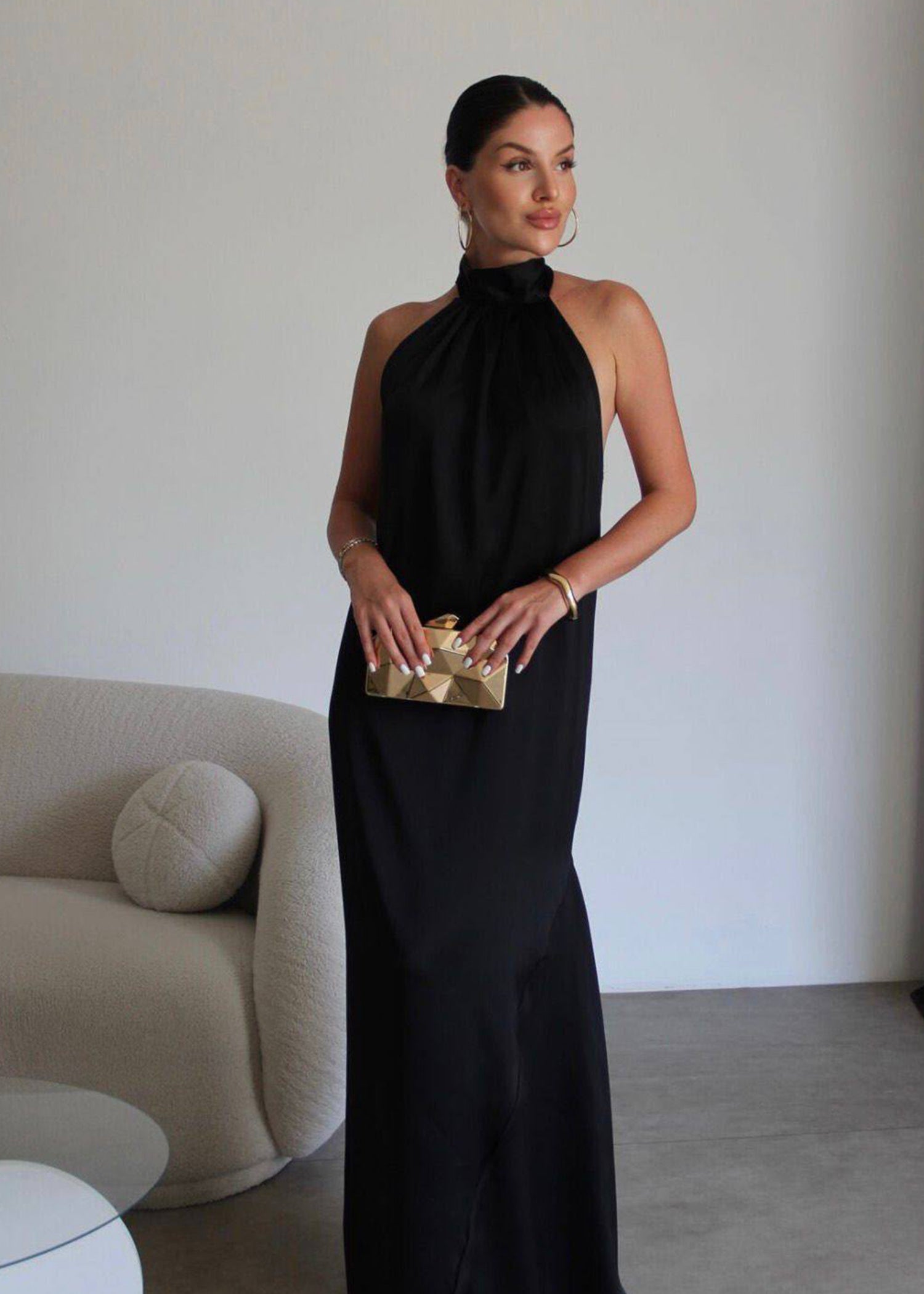 Satin High-Neck Halter Midi Dress