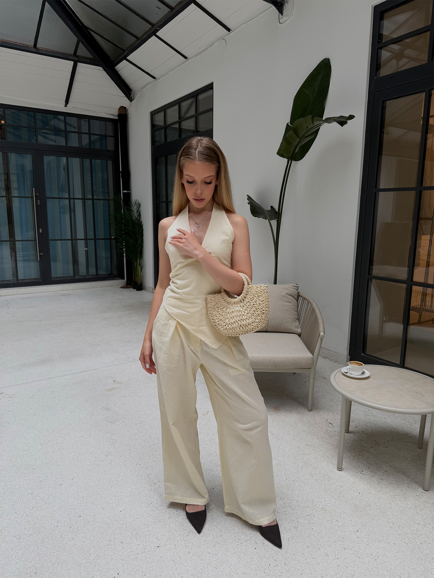 Butter Yellow Linen Asymmetric Halter Set