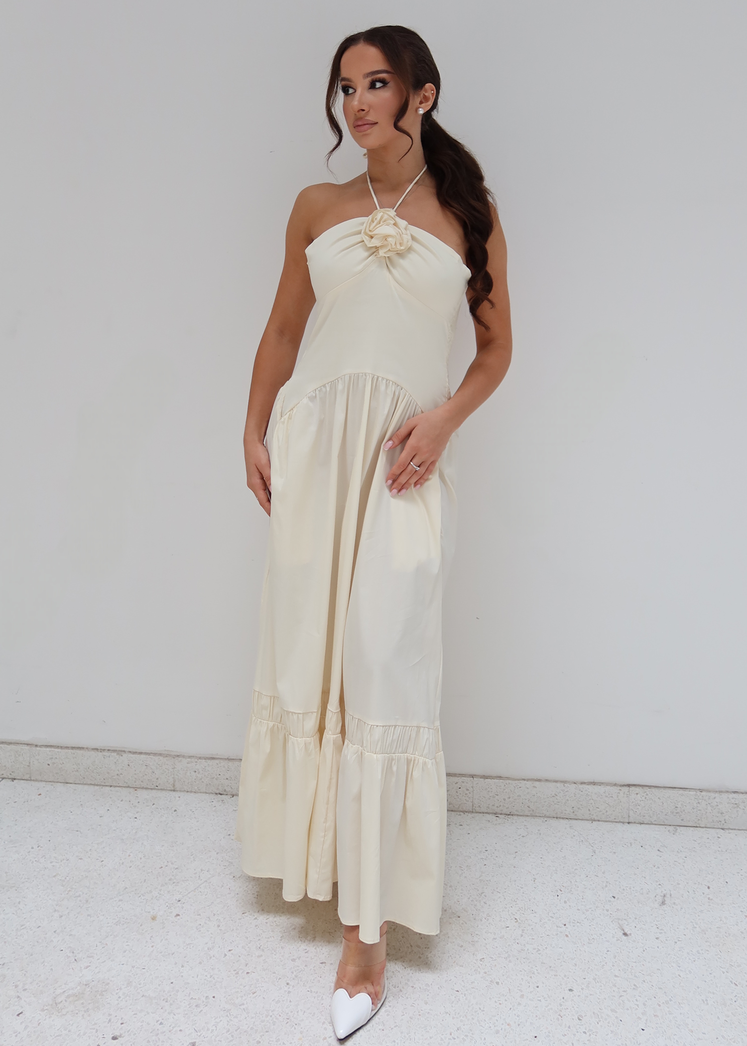 Cream Floral Halter Tiered Maxi Dress