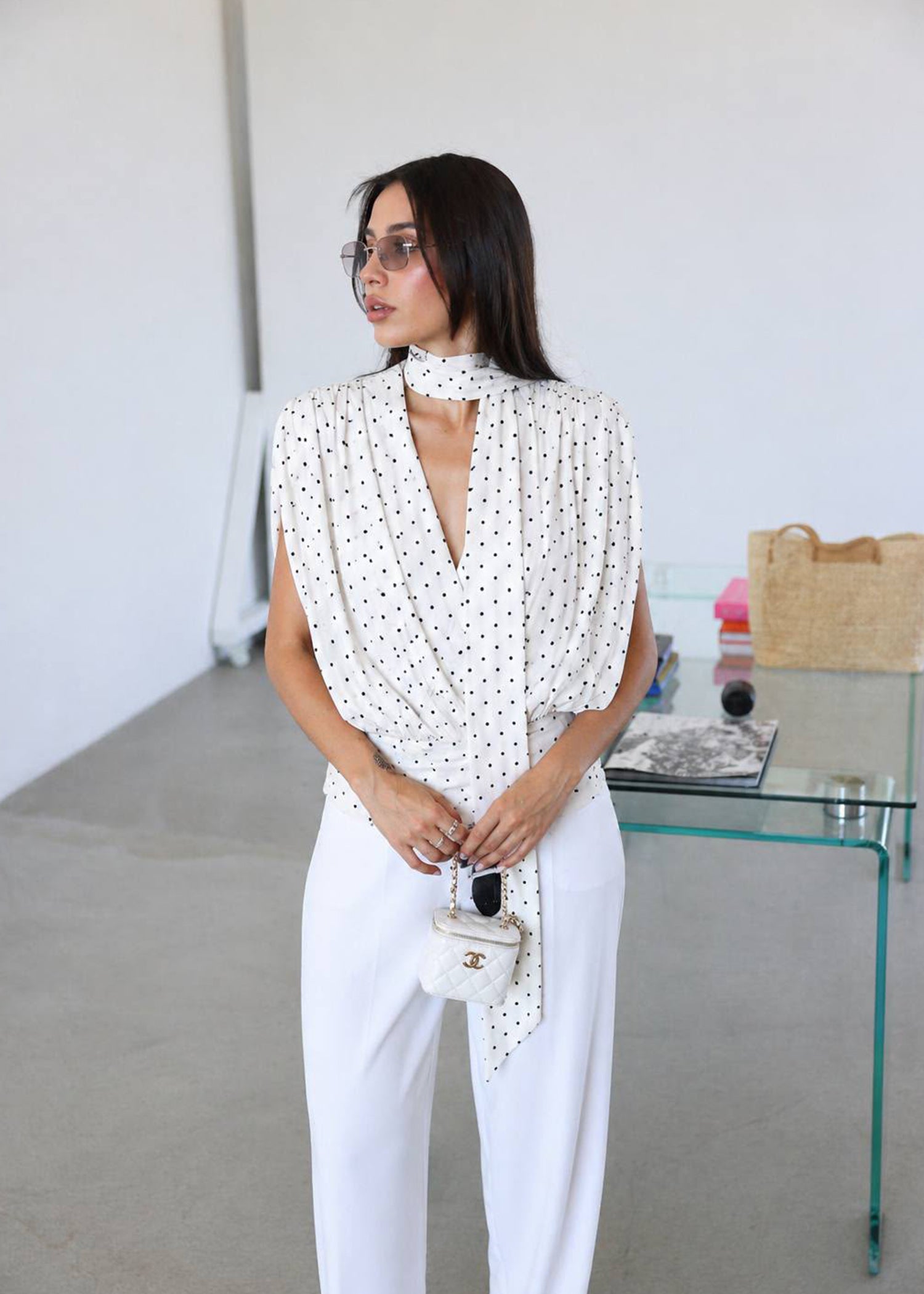 Polka Dot Scarf Blouse & White Trouser Set