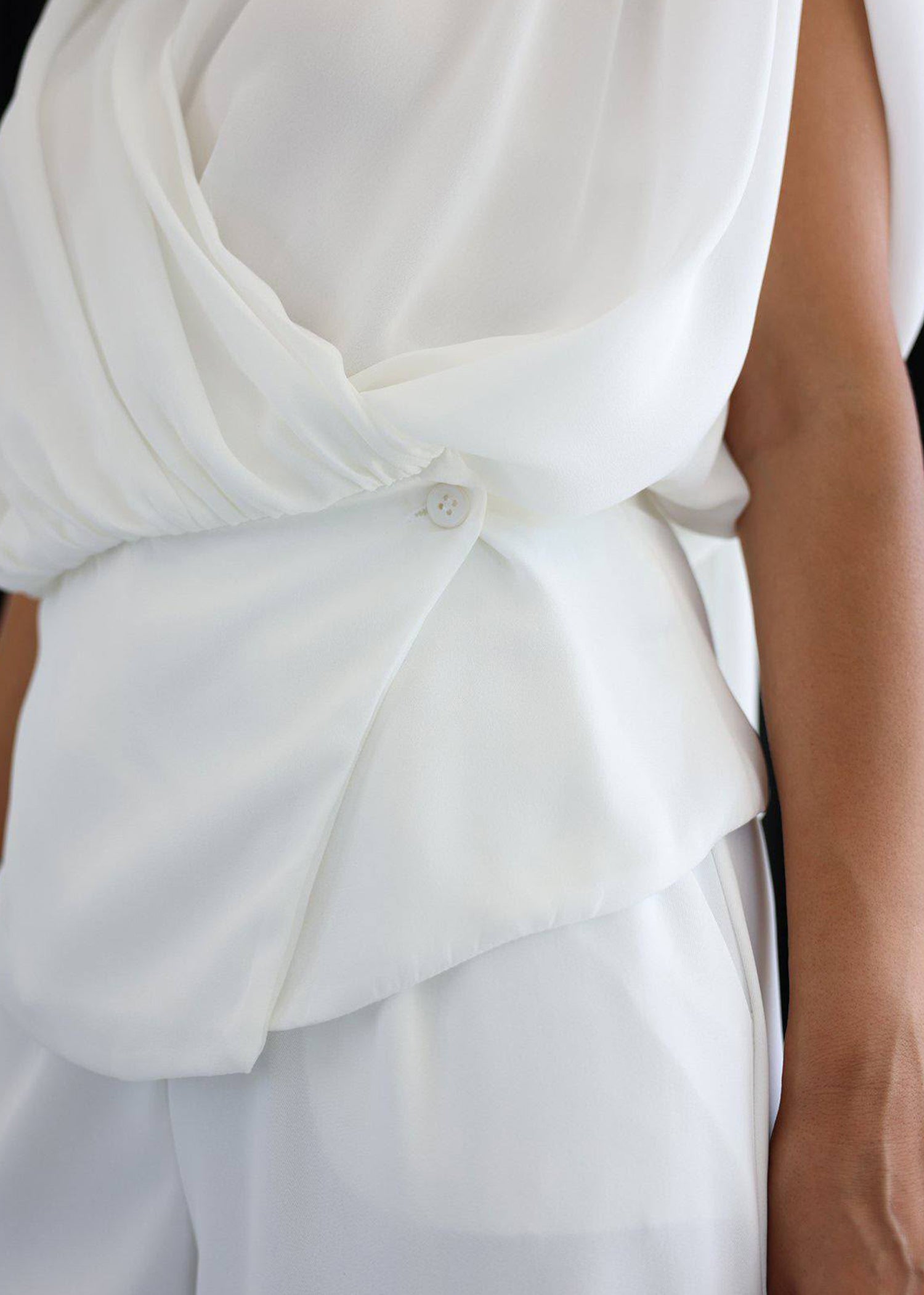 Monochromatic White Draped Scarf Top & Trouser Set