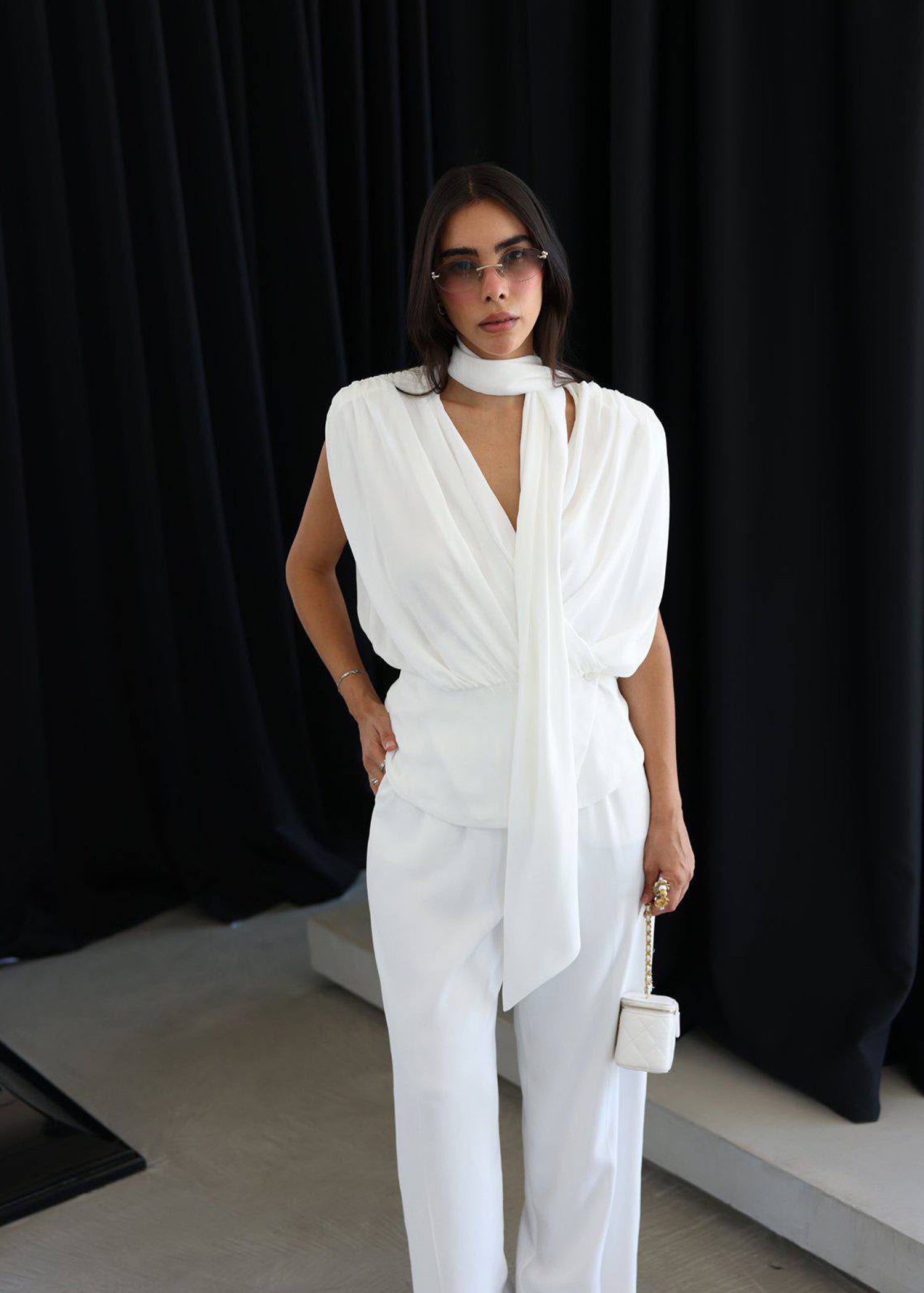 Monochromatic White Draped Scarf Top & Trouser Set
