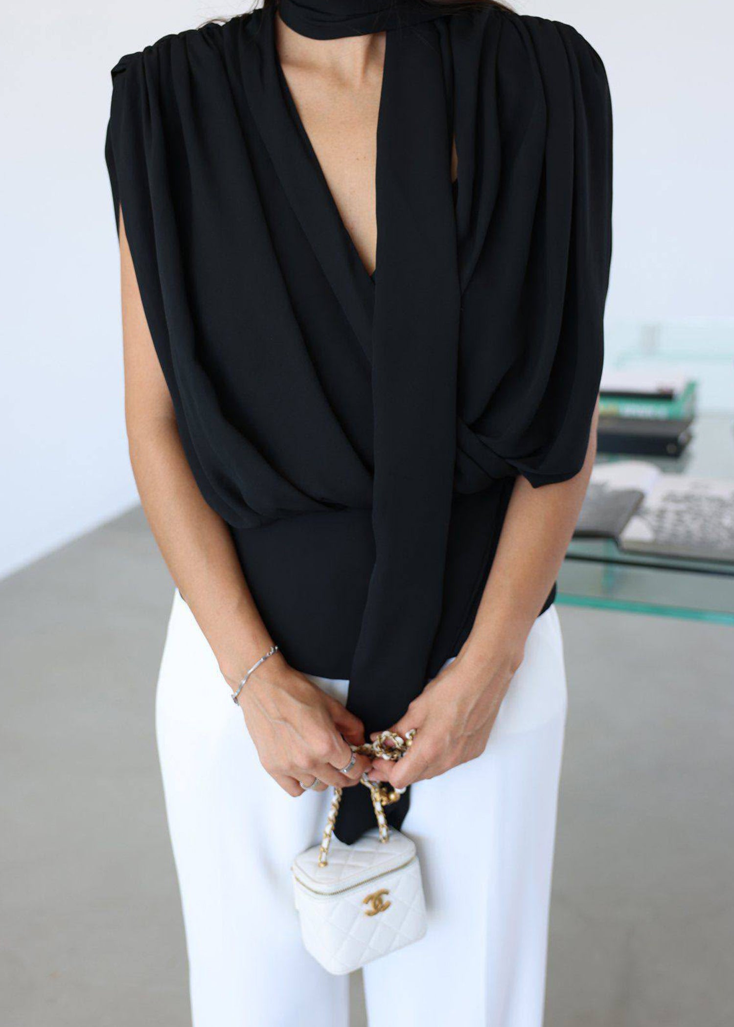 Monochromatic Black Draped Scarf Top & Trouser Set