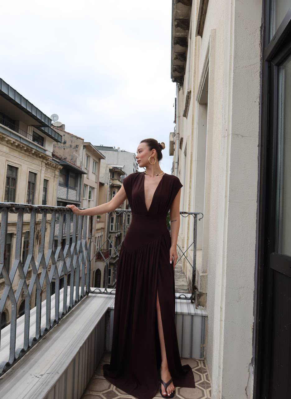 Draped Beige Grecian Maxi Dress