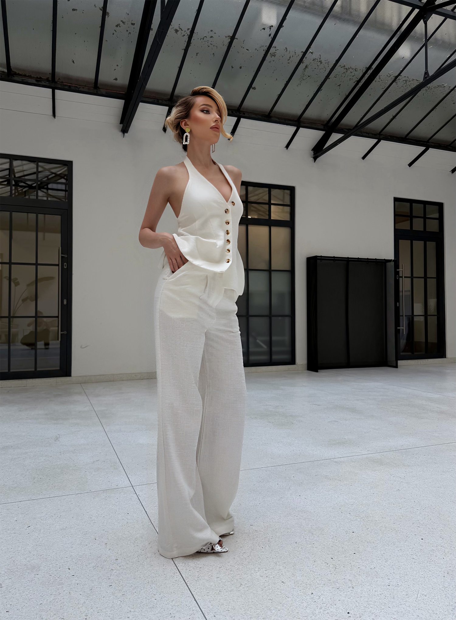 Crisp Ivory Halter Tailored Set