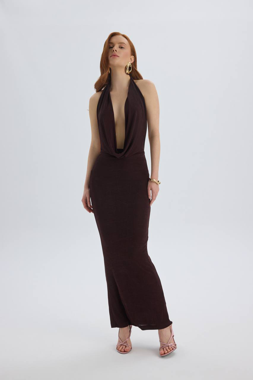 Slate Brown Plunging Cowl Halter Maxi Dress