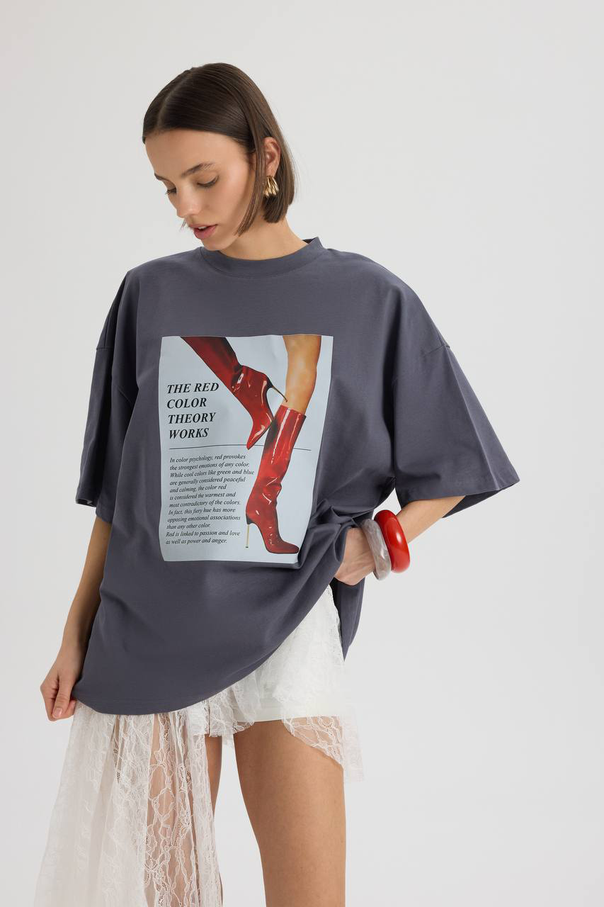 Graphic Oversized Tee with Sheer Lace Skirt