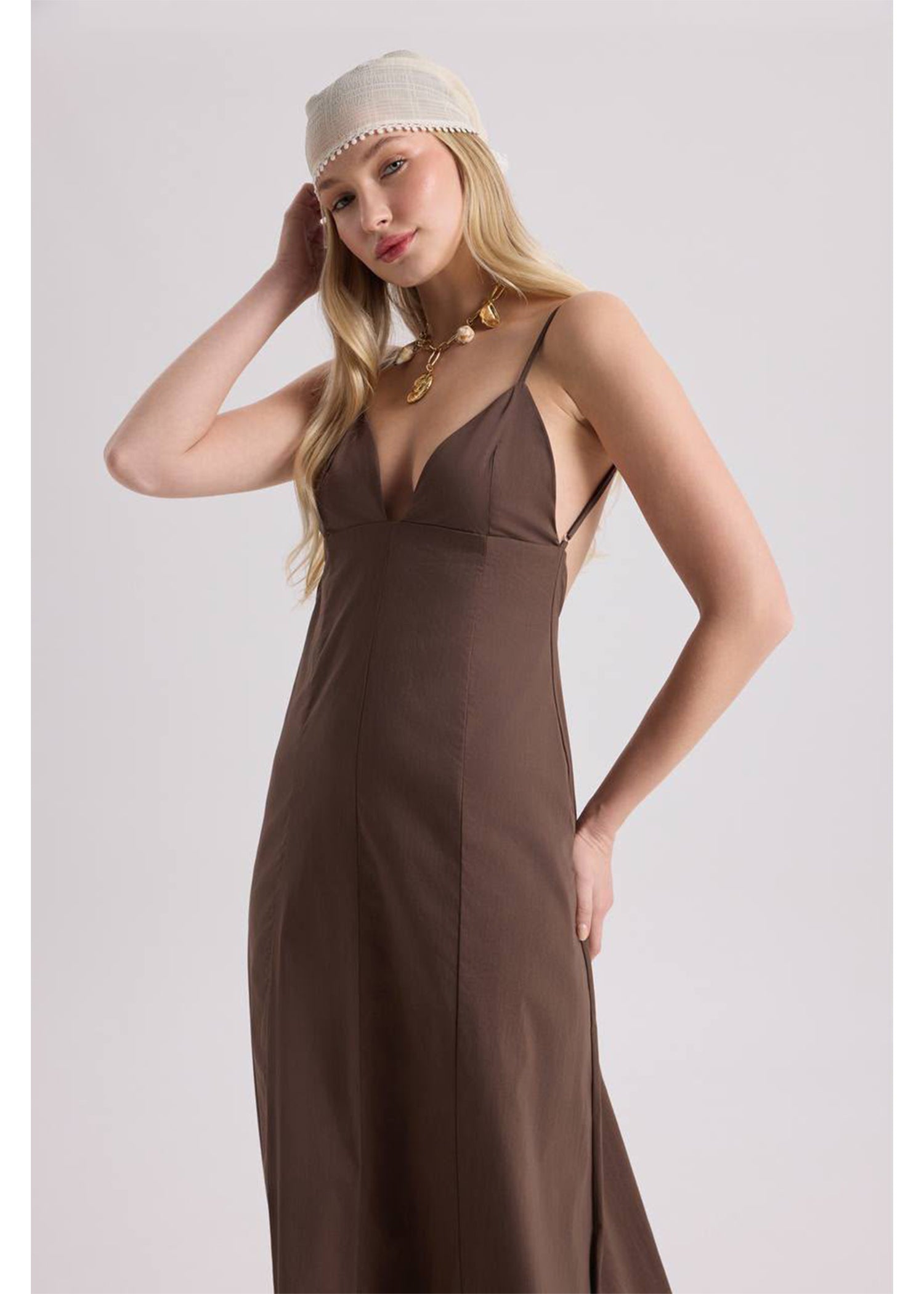 Chocolate Brown Plunging V-Neck Maxi Dress